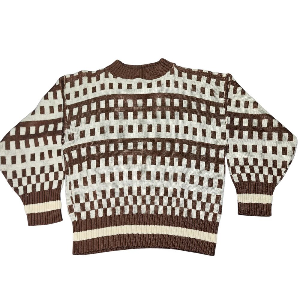 Vintage Hewlett Knitting Mills Size Medium Browm Block Pattern Cardigan Sweater